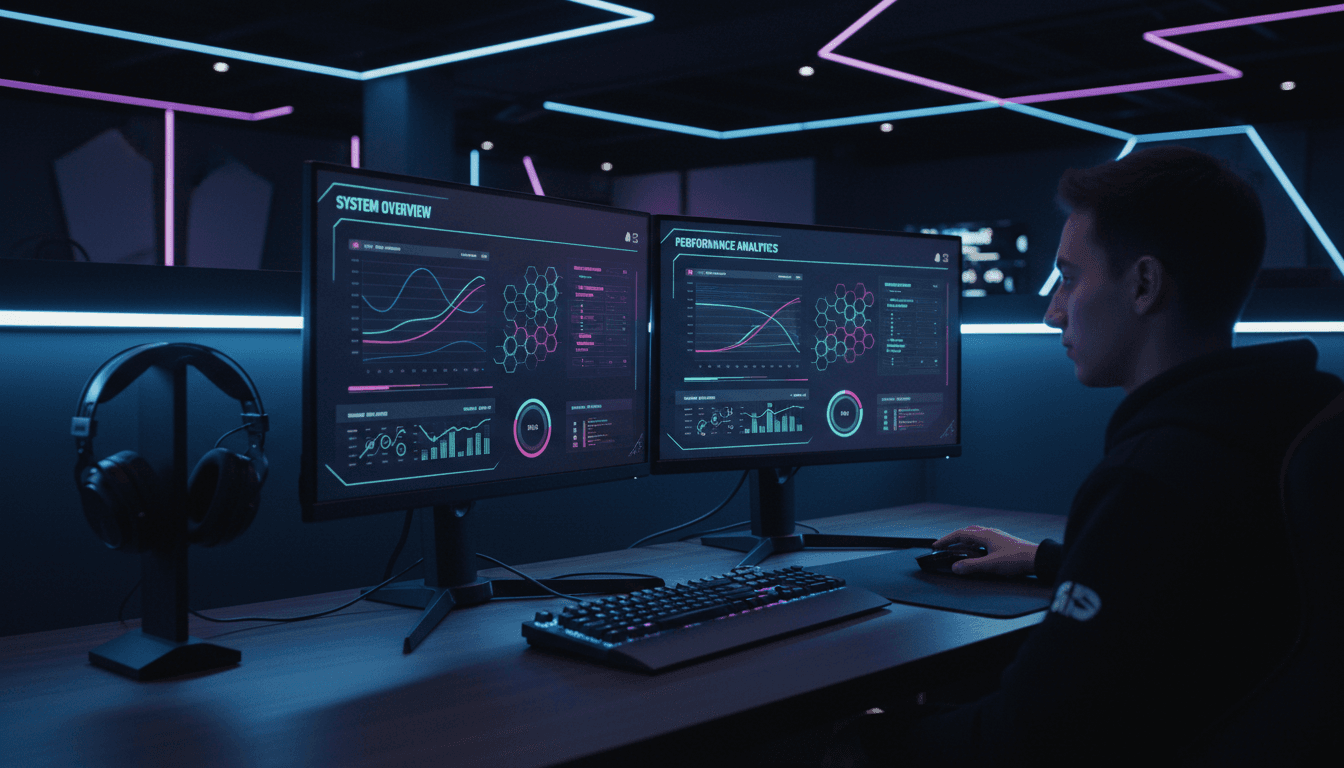Configuración profesional de gaming con código y scripts en monitores