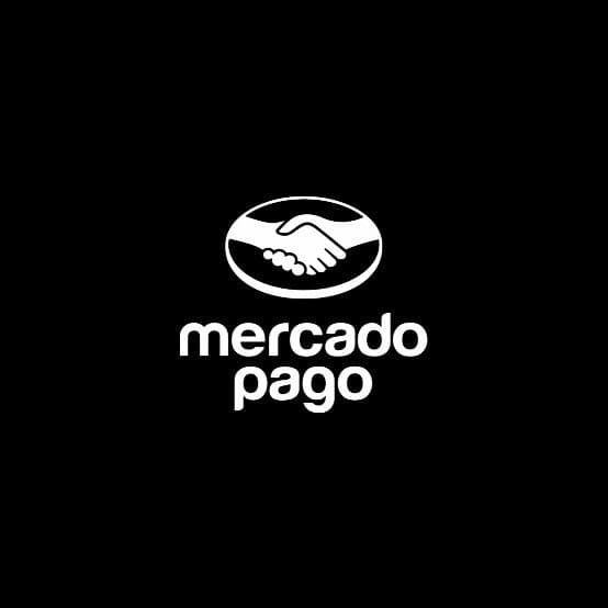 Logo de Mercado Pago blanco sobre fondo negro con icono de dos manos estrechándose.