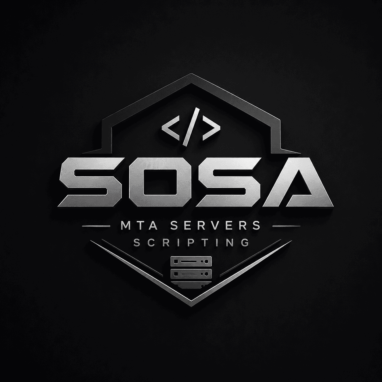 Emblema metálico 3D de SOSA MTA SERVERS SCRIPTING con símbolos de código y servidores.